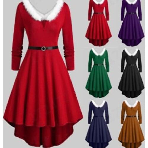 5XL Large Size Womens Christmas Dress Wool V-Neck Red Long Sleeve Outfit Costume Warm Fashion Clothes