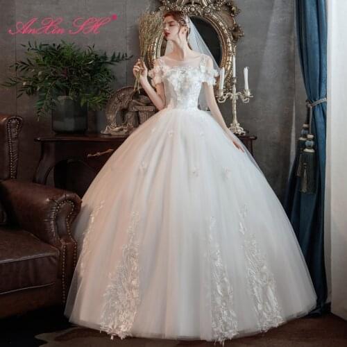 AnXin SH princess french retro rose flower white lace wedding dress vintage o neck beading crystal ball gown bride wedding dress