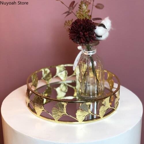Golden Metal Apricot Leaf Mirror Face Tray Dressing Table Cosmetic Round Storage Tray Living Room Desktop Tea Tray Decoration