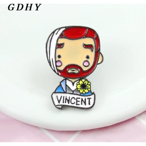 GDHY VINCENT Painter Self Portrait Brooch Van Gogh VINCENT Sunflower Enamel Badge Pin Backpack Art Lovers Badge Friends Gifts