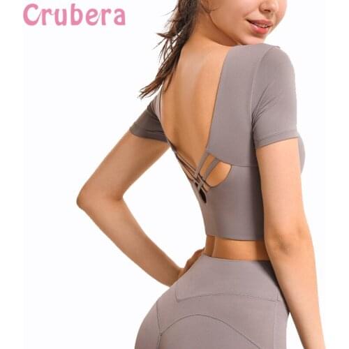 CRUBERA Plain Cross Straps Sport Yoga Fitness Crop Tops Short Sleeve Women Workout Running Gym Cropped Shirts