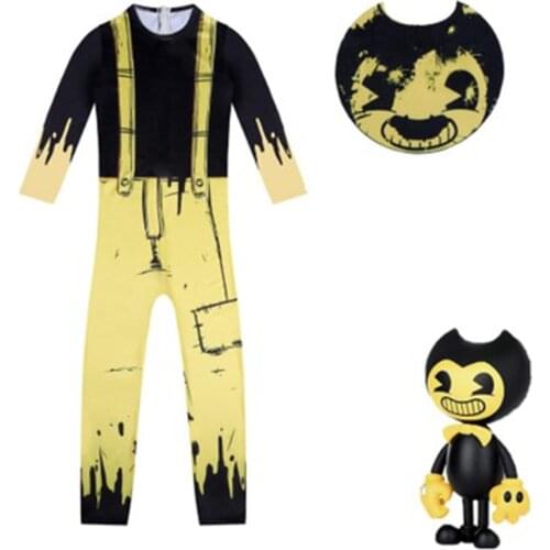 Kids Boys Bendy Jumpsuit Halloween Cosplay Costumes Anime Game Disfraces Kids Role Play Dress Up Mask Bodysuit Set Carnival Gift