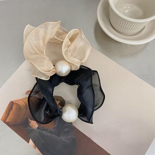 French Silk Black White Wide Hair Band Ropes Hair Ties Hanging Pearl Elegant Pendant Pearl Hair Accessories Elastic Hair Bands