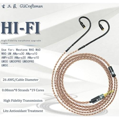 GUcraftsman 6N OCC copper For Westone W10 W40 W80 W60 UMPro50 UM50 Pro AM30 Pro UM10 pro B30 B50 Headphone upgrade cable