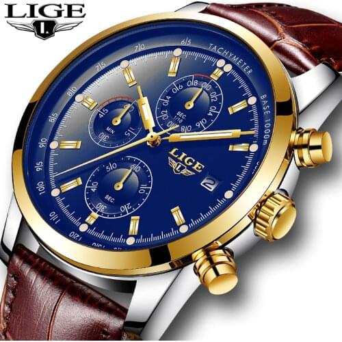 LIGE Mens Watches Luxury Top Brand Quartz Chronograph Watch Fashion Sports Automatic Date Leather Men Clock Relogio Masculino