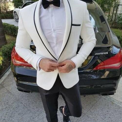 ANNIEBRITNEY Ivory 2 Piece Men Suit With Black Pants Slim Fit Groom Wedding Tuxedo 2020 New Prom Wedding Tailor Made Men Suit