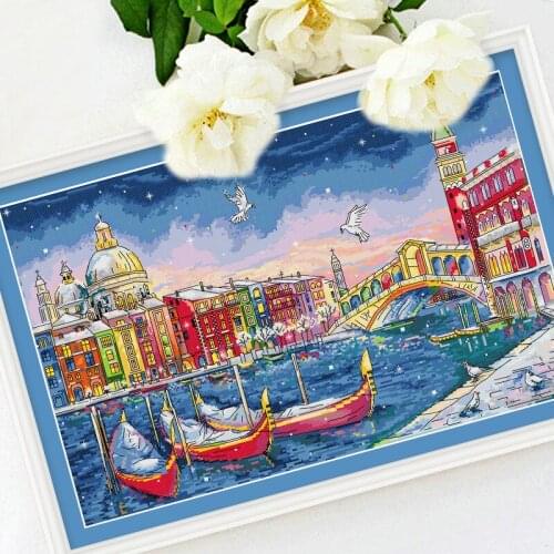 DIY cross stitch kit printed European landscape paintings Venice night water city and boats Modern home wall decoration