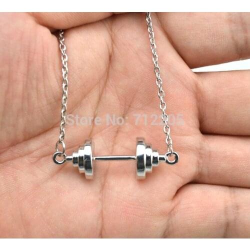 New Arrival Fitness Free ship10pcs rhodium plated sport Dumbbell barbell weightlifting Gym chain necklace (A1236)
