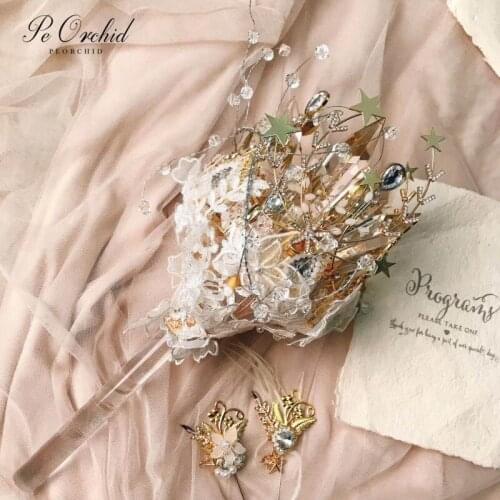 PEORCHID 2020 Rhinestone Crystal Gold Wedding Bouquet Jewelry Crown Custom Brooches Bouquet Bridal Flower Decoration Mariage