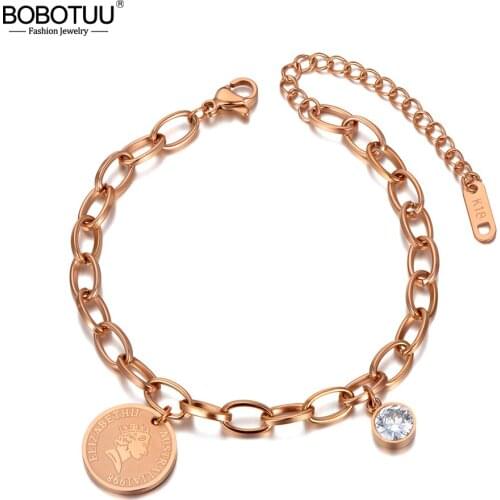BOBOTUU браслет Stainless Steel Bohemia Beach Chain & Link Bracelets For Women Trendy Queen CZ Crystal Charm Bracelet BB20113