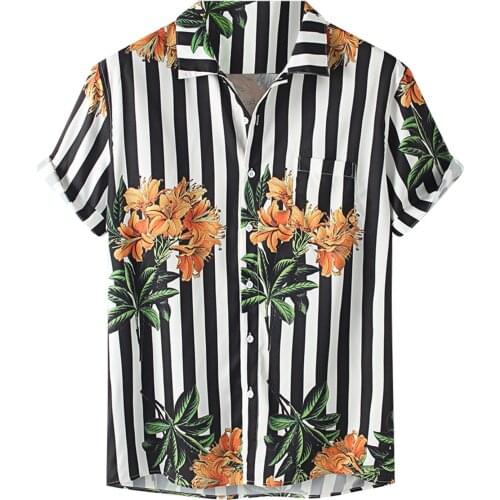 Retro Stripe Flower Print Shirts Men Summer Casual Slim Printed Lapel Short Sleeve Beach Shirts Top Blouse Basic Men Clothing
