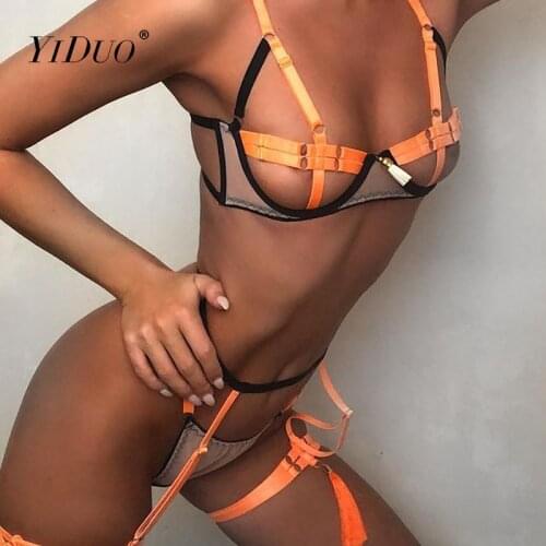 YiDuo Patchwork Bandage Sexy Exotic Hollow Out Sensual Lingerie Set Woman Underwear Mesh 3 Piece Lingerie Set Clubwear