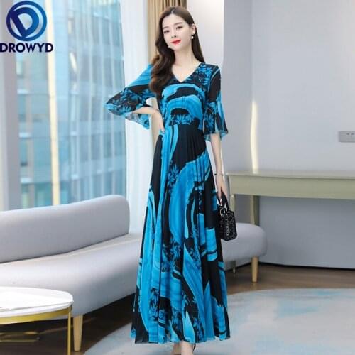 2021 Summer Boho Blue Print Chiffon Beach V-neck Maxi Dress Spring Vintage Casual Midi Sundress Elegant Bodycon Party Vestidos