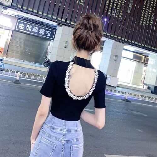 Slim Fit Crop Top for Women Temperament Rhinestone Edging Skinny Short Knitted T-shirt Sexy Backless White Black