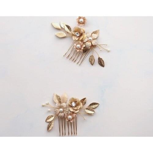 Vintage Floral Small Combs Wedding Hair Pins Accessories Gold Leaf Bridal Headpiece Handmade Women Pearls Jewerly