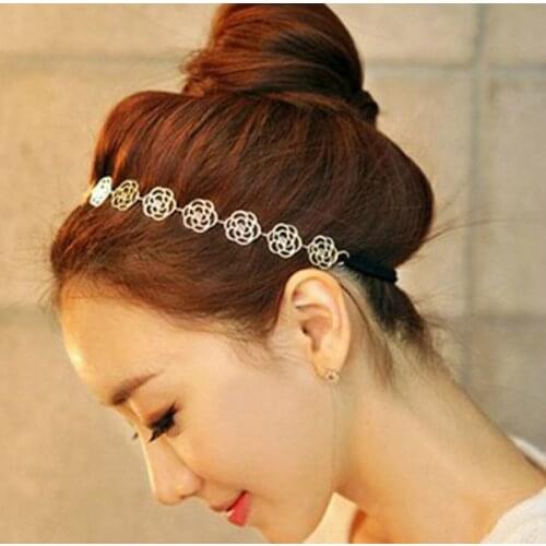 Womens Fashion Metal Chain Jewelry Hollow Rose Flower Elastic Hair Band Headband Jewelry Ladies Hair Band Hair Accessories 2021