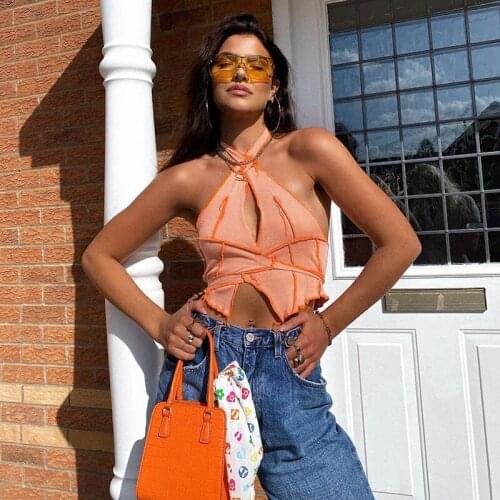 Women’s Summer Comfortable Fashion Stitching Hollow Vest Sexy Halter Bandage Exposed Navel Slim Fit Camisole