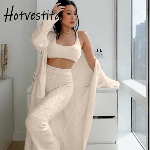 Hotvestita 2021 Autumn Winter Fashion Solid Plush Cardigan Sashes Long Sleeve Knitted Sweater Women All-match Casual Loose Coat
