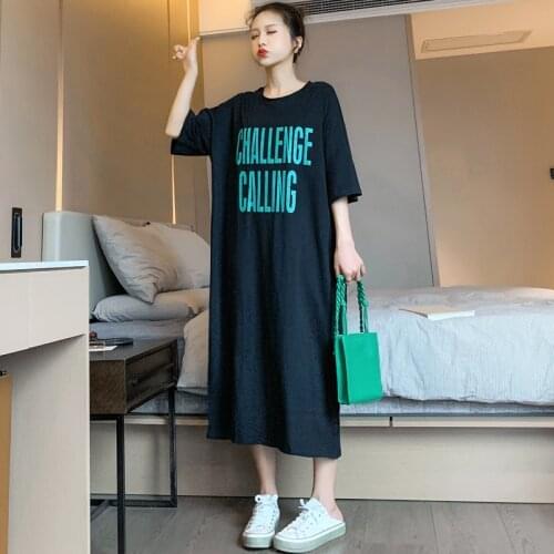 #2325Summer Cotton Tshirts Dresses For Women Large Size Casual Loose Dress Female Korean Style O-neck Letter Printed Black Dress