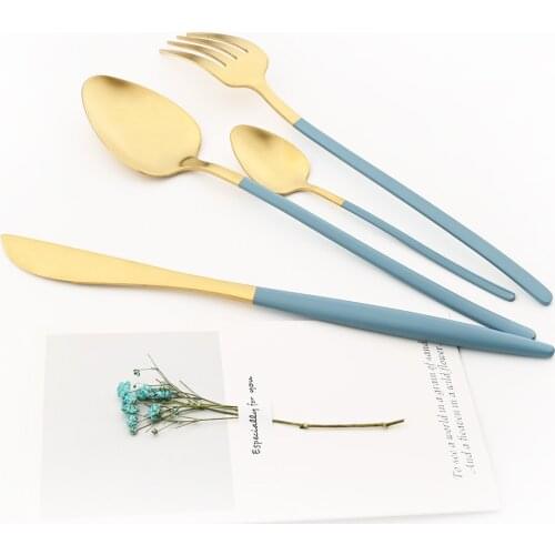 4pcs/Set Matte Blue Gold Dinnerware Set 304 Stainless Steel Cutlery Flatware Set Gold Knife Fork Spoons Teaspoon Tableware Set