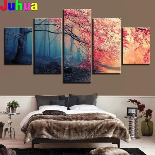 5d DIY Diamond Painting 5 Pieces Sakura Tree landscape 3D Square round Drill Diamond Embroidery Kit Full Diamond Mosaic Picture