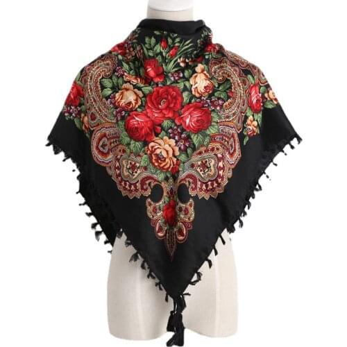 90*90cm National Wind Russian Scarf Cotton Shawl Women Headscarf Wraps Female Retro Floral Print Square Scarf Hijab Wrap