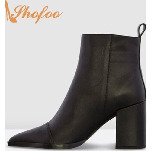Black Cap Pointed Toe Ankle Boots Woman High Square Heels Zipper Large Size 30 35 Female Ladies Winter Casual Booties Shoes 2021