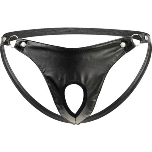 Ring Open Crotch Breathable Erotic Thong Men Penis Hole Underwear Artificial Leather Buttocks Hollow Thong Men Jockstrap Panties