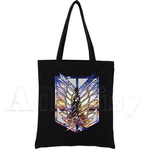 Attack on Titan Print Reusable Shopping Bag Women Canvas Tote Bags Printing Eco Bag Cartoon Shopper Shoulder Bags Black