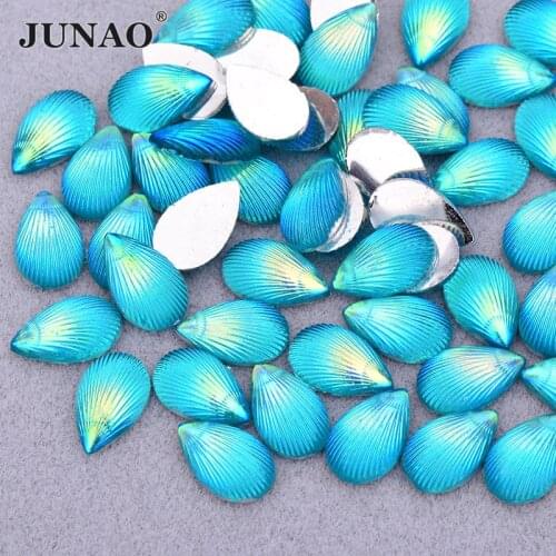 JUNAO 200pcs 8*13mm Aqua Blue AB Shell Rhinestone Teardrop Crystal Stones Flatback Strass Applique Scrapbook Beads DIY Crafts