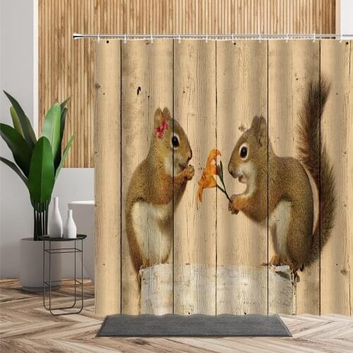 Squirrel Creative Shower Curtains Animal Flower Wooden Background Girl Home Decor Bath Fabric With Hook Kid Bathroom Curtain Set