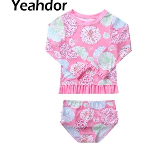 Newest Kids Girls Two Piece Swimwear Swimsuit Set Long Sleeve Ruffle Rashguard Bikini Briefs Beachwear Bathing Swimming Suit