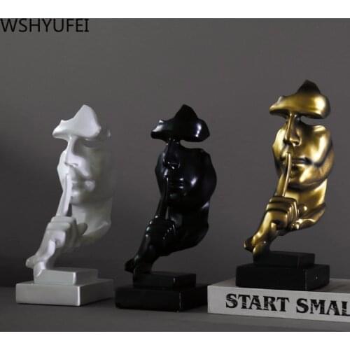 Resin Art Silence Mask Figurines Abstract Silence Is Gold Statuettes Mask Miniatures Sculpture Home Decoration Christmas Artwork