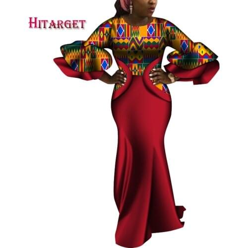 Fashion Women Dashiki Party Dress Flare Sleeve African Style Floral Print Dresses for Women Mermaid Robe African Dresses WY6736