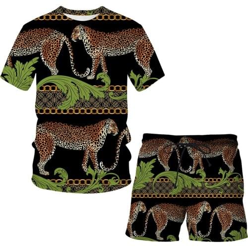 Green Leaf Leopard Print 3D Printing Set 2021 Summer Men/Women Short Sleeve Casual Shirt +Beach Shorts Suits Two Piece Suit