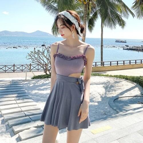 2021 New Korean Sexy High Cut One Piece Swimsuit Women Patchwork Swimwear Monokini Push Up Swim Suit Bathing Suit Swimskirt