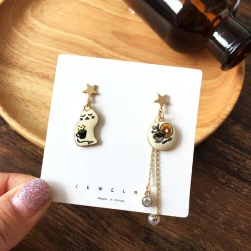 Japanese Creative Cute Kitten Cat Clip Earrings Fairy Girl Temperament Asymmetric Stars Long Pearl Clip on Earrings No Piercing