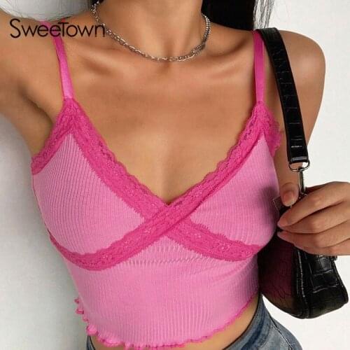 Sweetown Patchwork Lace Edge Summer Tops For Women Sexy V Neck Slim Rave Streetwear Cute Home Fashion Leisure Bralette Crop Tops