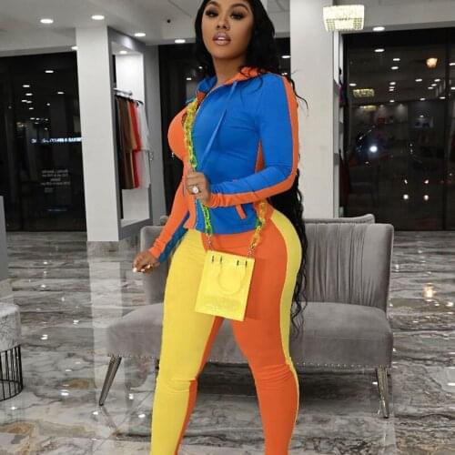 Block Color Patchwork 2 Piece Set Women Hoodies Tracksuit Zipper Jacket Top + Sweatpants Matching Sets Sporty Fitness Sweatsuit