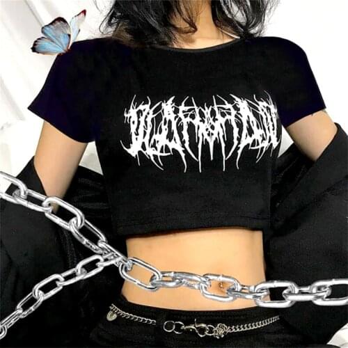 Tumblr 90s Y2K Fashion Aesthetic Gothic Graphic Demon Punk Women Letter Print Graphic T-Shirt Vintage Chic Harajuku Crop Tops