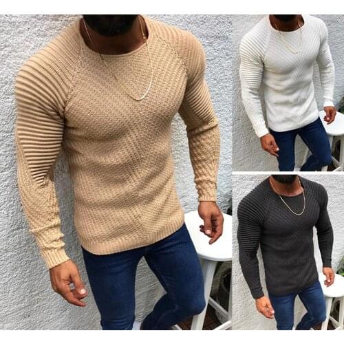 Long Sleeve Knitted Pullovers New Mens Sexy Slim Fit O-Neck Sweater Male High Street Pleated Sweaters Pullover Solid Color