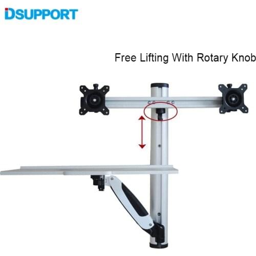 WS09 Wall Mount Ergonomic Full Motion Sit-stand Dual Screen 13"-24"Monitor Holder Gas Spring Arm With Foldable Keyboard Tray