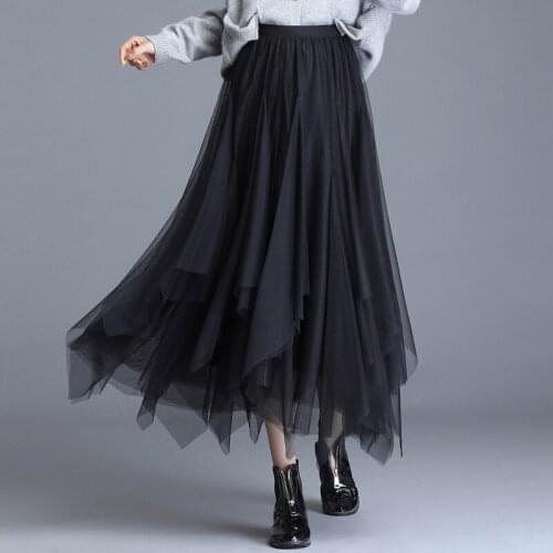 Korean Irregular Mesh Pleated Skirts Women Spring Fall Lady Elegant Fashion High Waist Loose Big Swing Fluffy Cake Skirt S937
