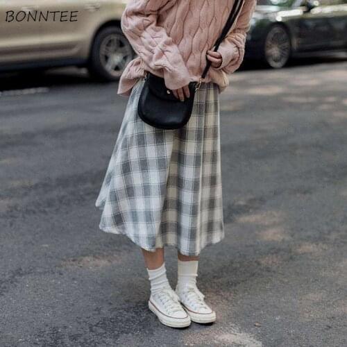 Skirts Women Kawaii Autumn Warm Harajuku College Popular Tender Lovely Plaid All-match Sweet Female Clothing Mid-Calf High Waist