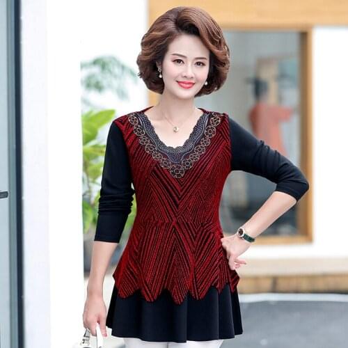New Arrivals 2021 Spring Fall Women T-Shirts Patchwork Bottom Shirt Long Sleeve Pullover 5XL Plus Size Mother Lace Tee Tops