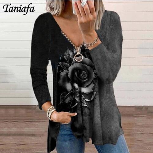 Women Fashion Zipper V-neck Tops Rose Flower Printing Long Sleeve Pullover Shirts Blouse