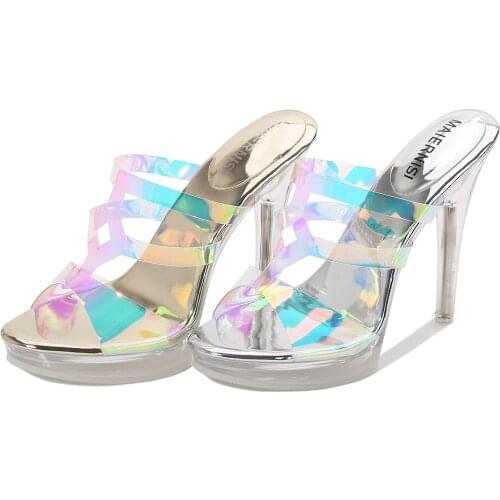 Summer Transparent Platform High Heel Color Changing Strips Fashion Trend Nightclub Women Pumps 12CM Super High Heel Lady Sandal