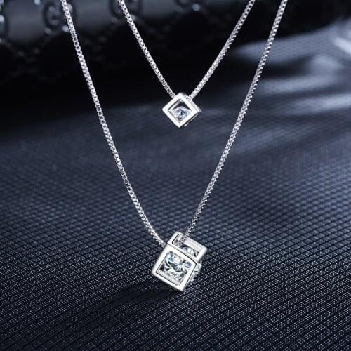 Hot Selling Collar Mujer Elegant Crystal CZ two layer chain necklace Cube Design 925 sterling silver Jewelry S90 Pendant Women