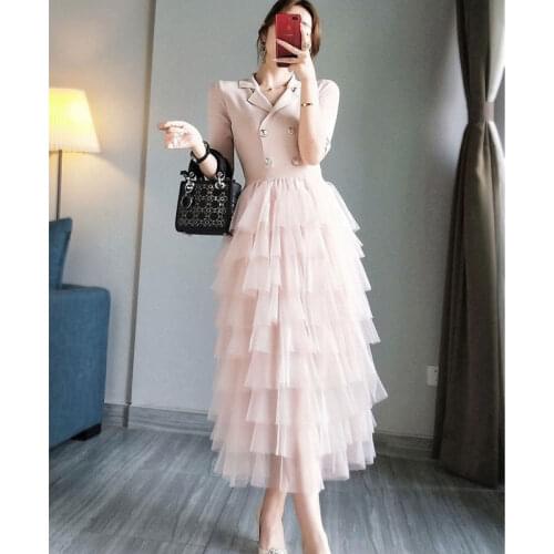 2020 Women Summer Vintage Slim Midi Long Solid Color Dress White Pink Splicing Mesh Short Sleeve High Waist Elegant Dress FY216