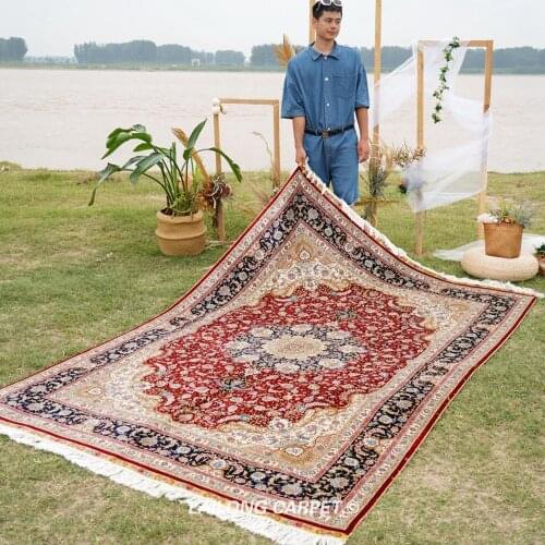 6'x9' Handmade Persian Oriental Silk area Rug Hand Knotted Red Kashmir Carpet (ZQG437A)